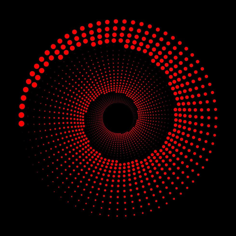 círculo puntos rojos aislados en el fondo negro. arte geométrico elemento de diseño para marco, logotipo, tatuaje, páginas web, impresiones, carteles, plantilla, fondos vectoriales abstractos. forma de ilusión óptica. vector