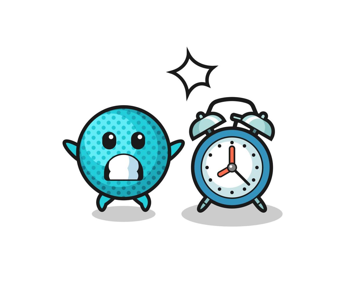 Cartoon Illustration of spiky ball is surprised with a giant alarm clock vector