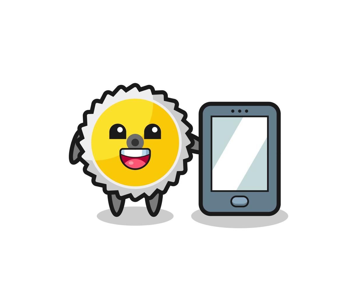 saw blade illustration cartoon holding a smartphone vector