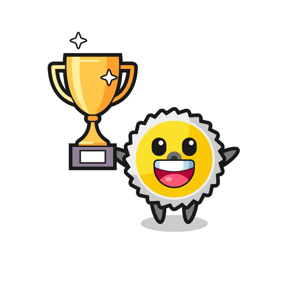 Cartoon Illustration of saw blade is happy holding up the golden trophy vector