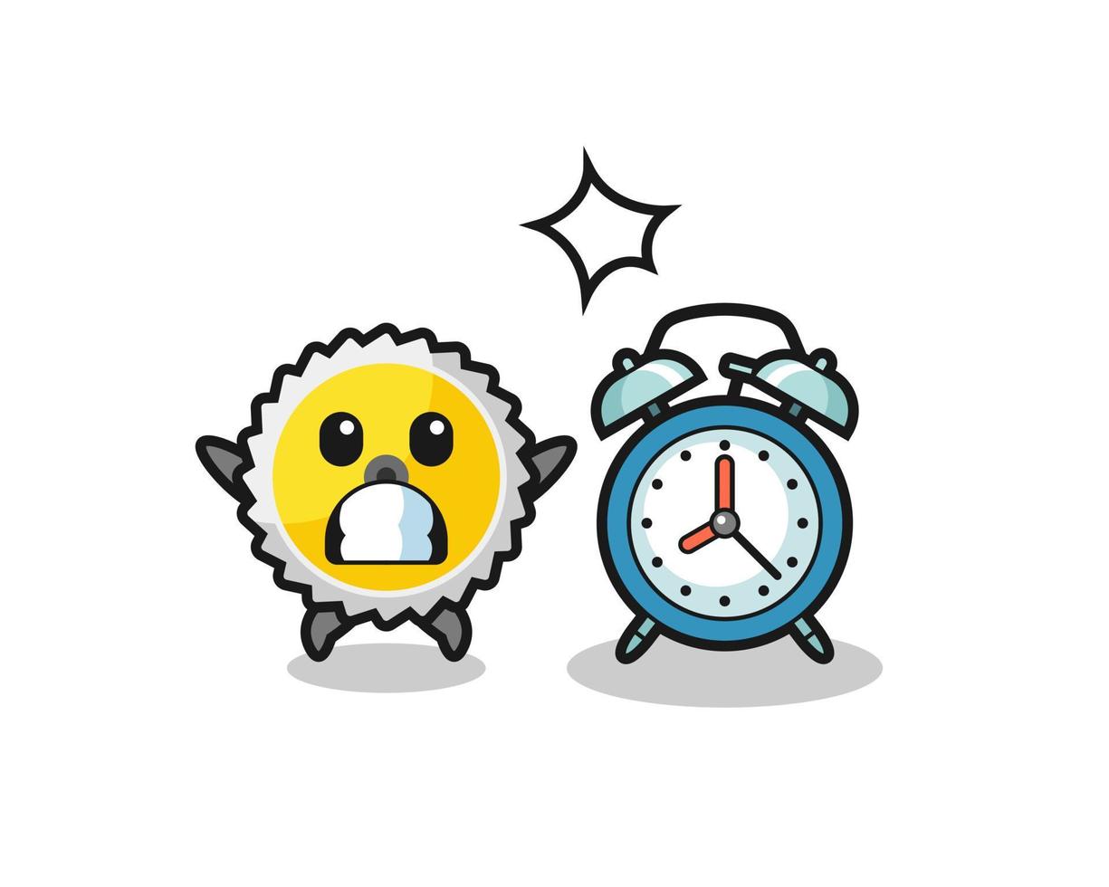 Cartoon Illustration of saw blade is surprised with a giant alarm clock vector