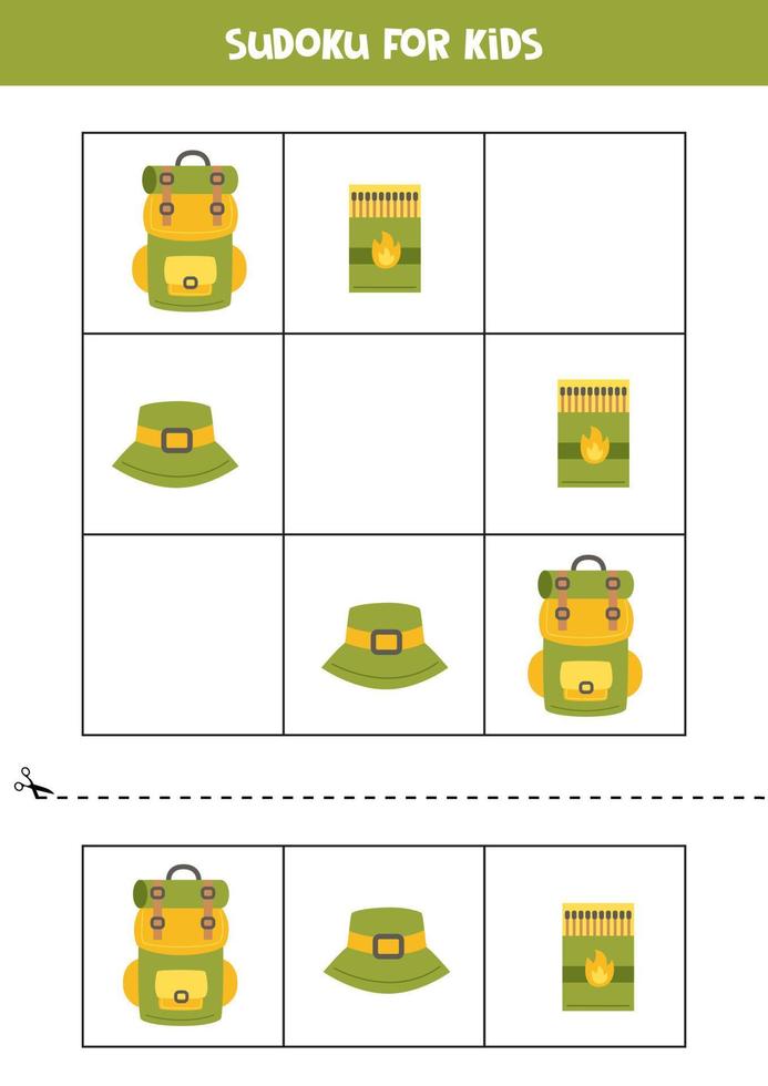 juego educativo de sudoku con elementos de camping para niños. vector