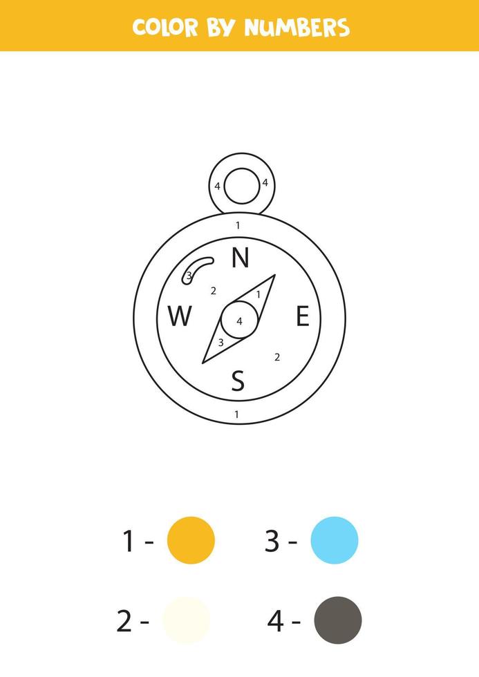 Color navigation compass by numbers. Worksheet for kids. vector