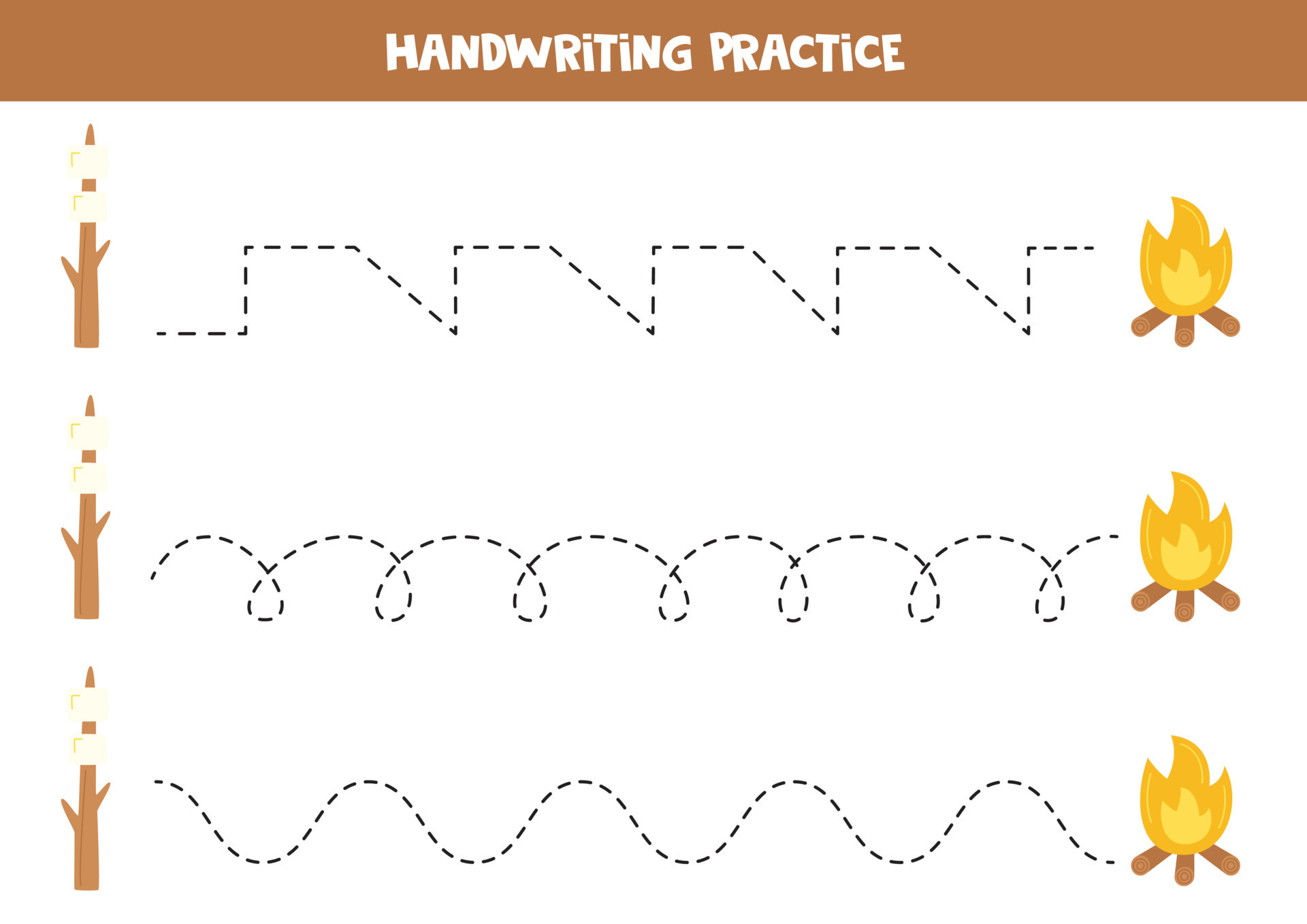 Tracing lines for kids. marshmallow and campfire. Writing practice