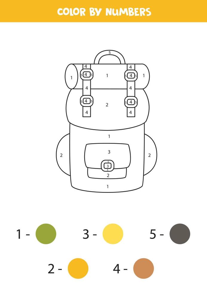 Color traveling backpack by numbers. Worksheet for kids. vector