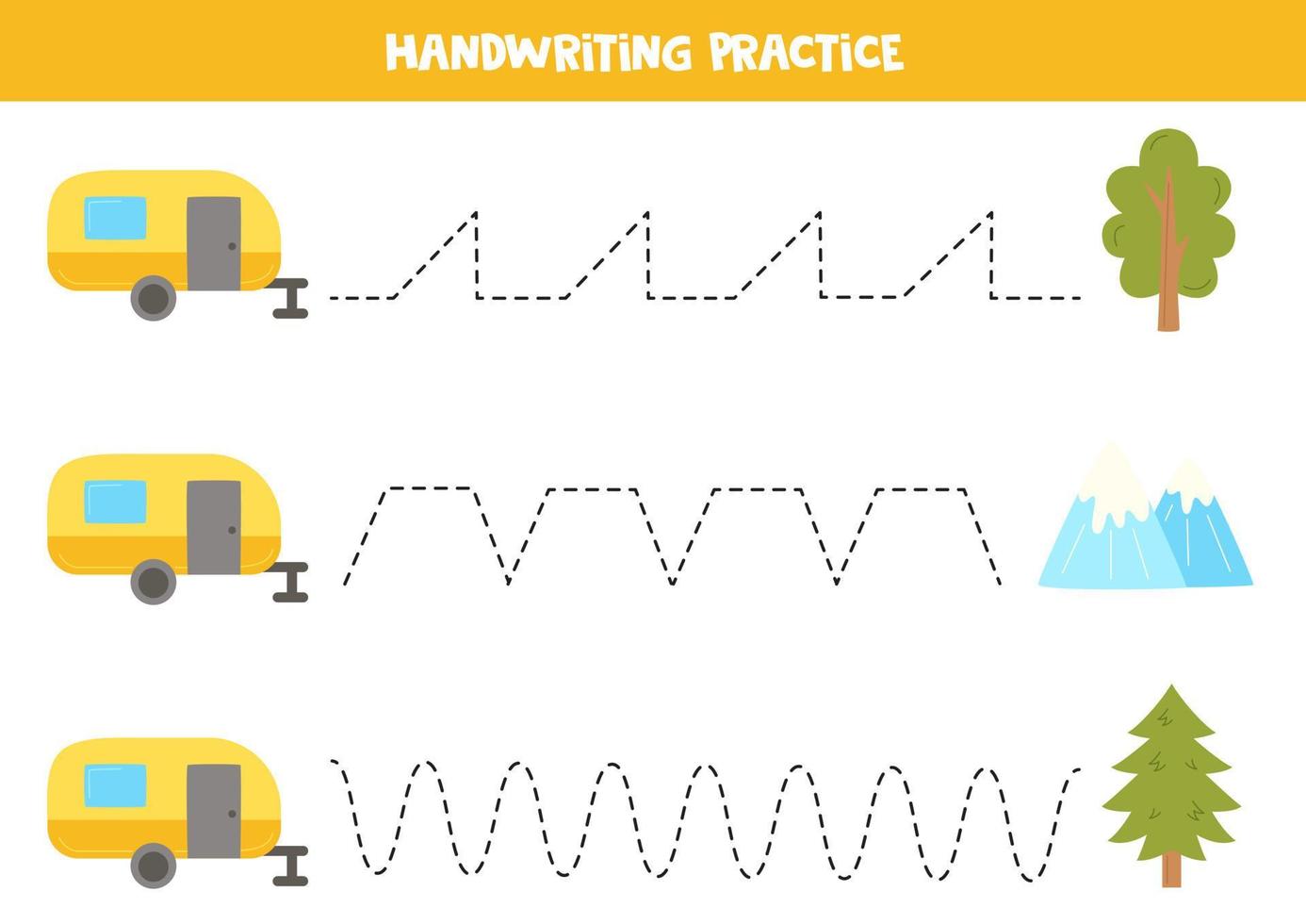 Tracing lines for kids. Cute camping elements. Writing practice. vector