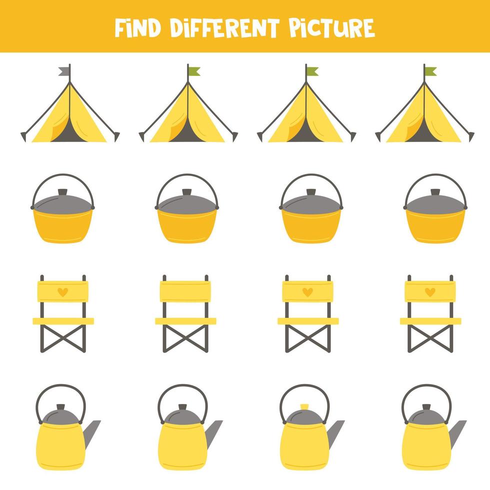 Find camping object which is different from others. Worksheet for kids. vector