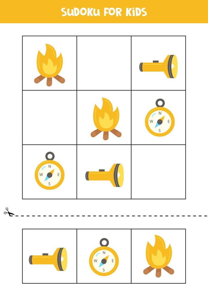 Educational sudoku game with camping elements for kids. vector