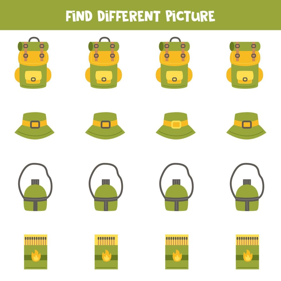 Find camping object which is different from others. Worksheet for kids. vector