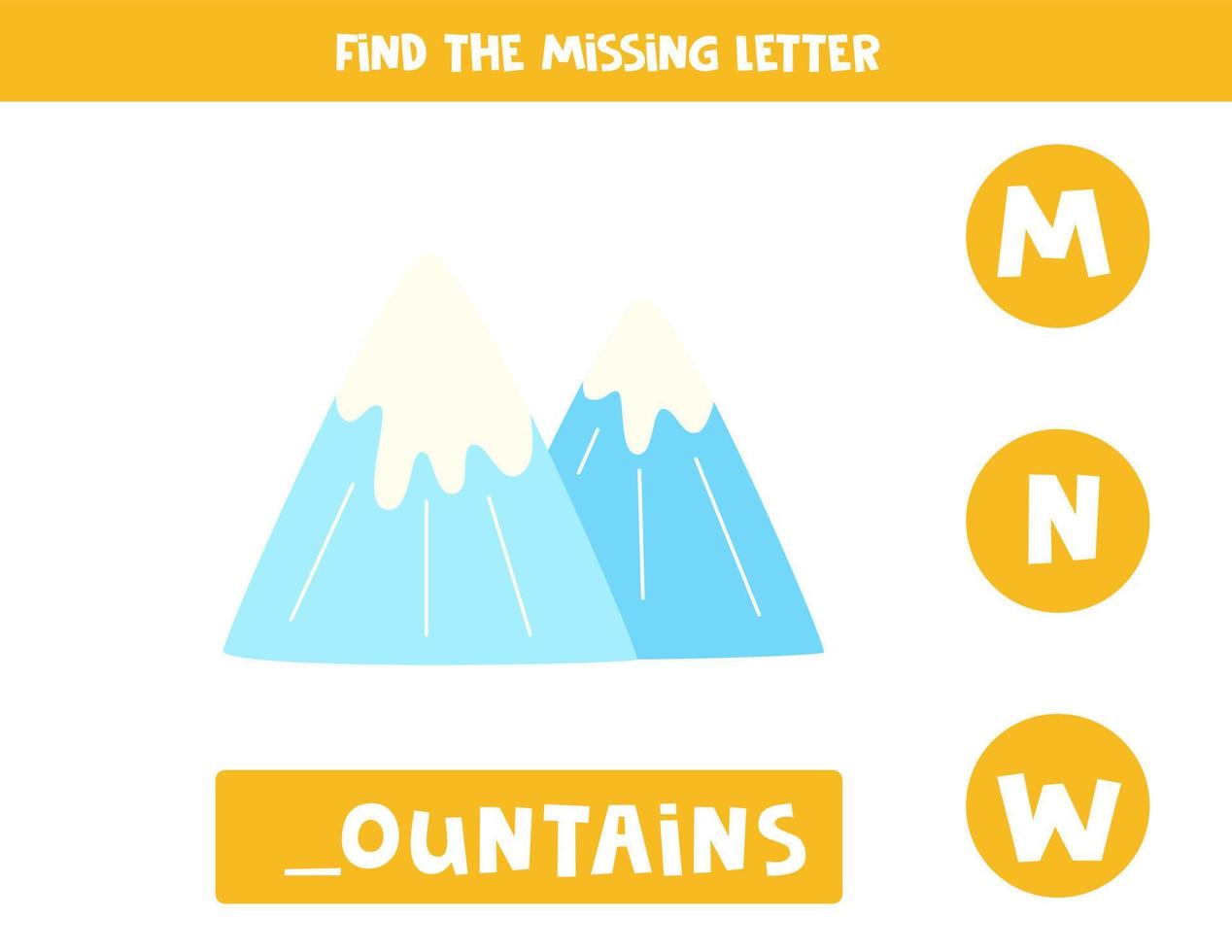 Find missing letter with cartoon mountains. Spelling worksheet. vector