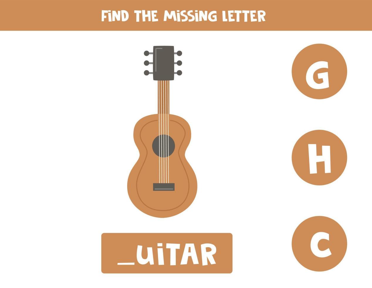 Find missing letter with wooden guitar. Spelling worksheet. vector