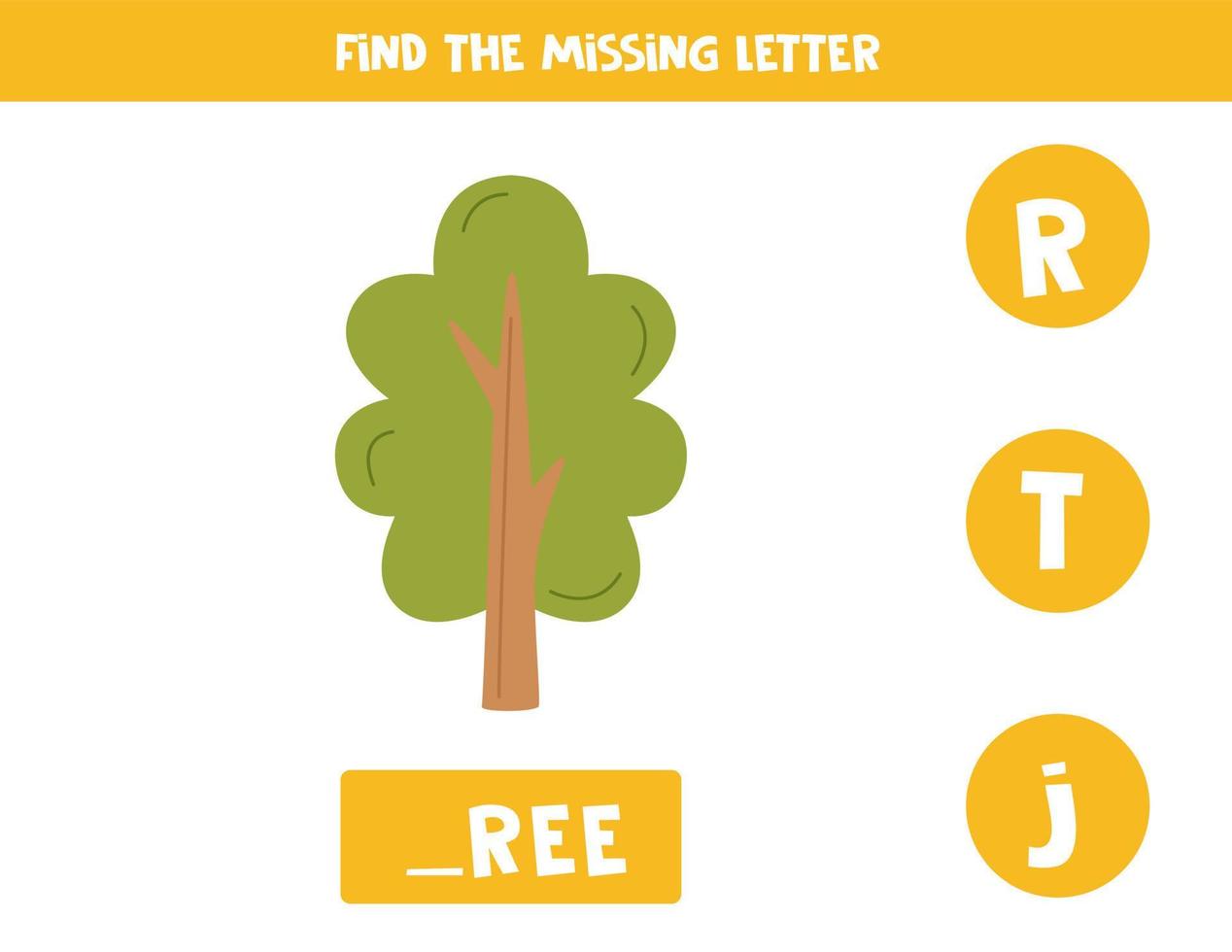 Find missing letter with cartoon tree. Spelling worksheet. vector