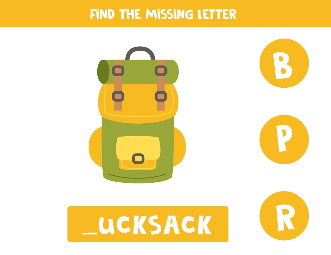 Find missing letter with camping backpack. Spelling worksheet. vector