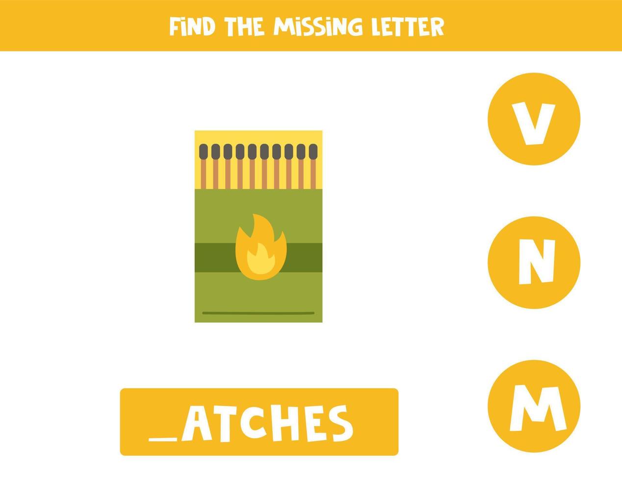 Find missing letter with camping matches. Spelling worksheet. vector