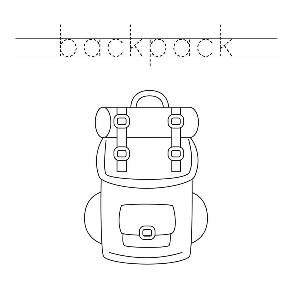 Trace the letters and color backpack. Handwriting practice for kids. vector
