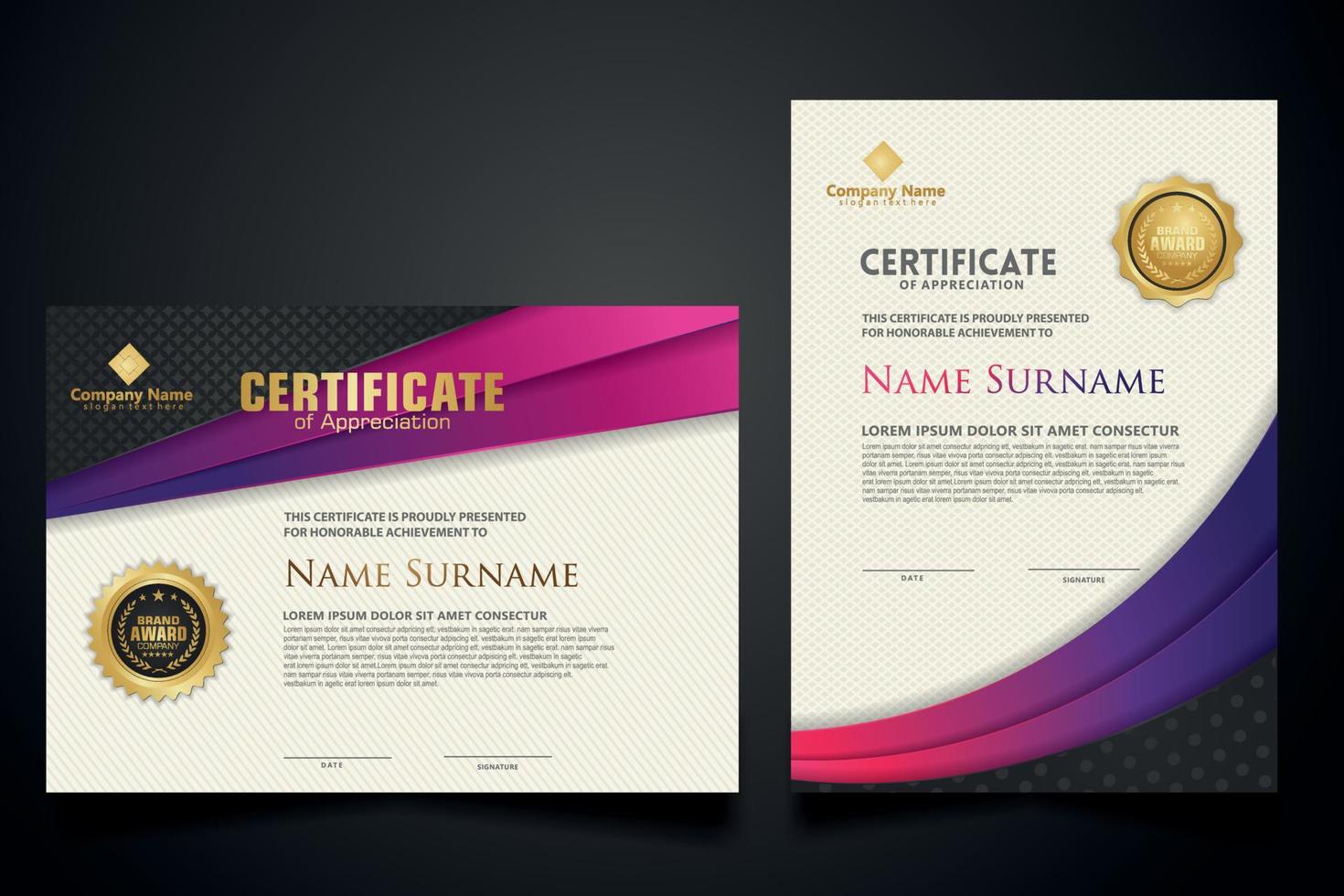 certificate template with Luxury realistic texture pattern and dynamic shapes composition gradient colors,diploma,Vector illustration vector