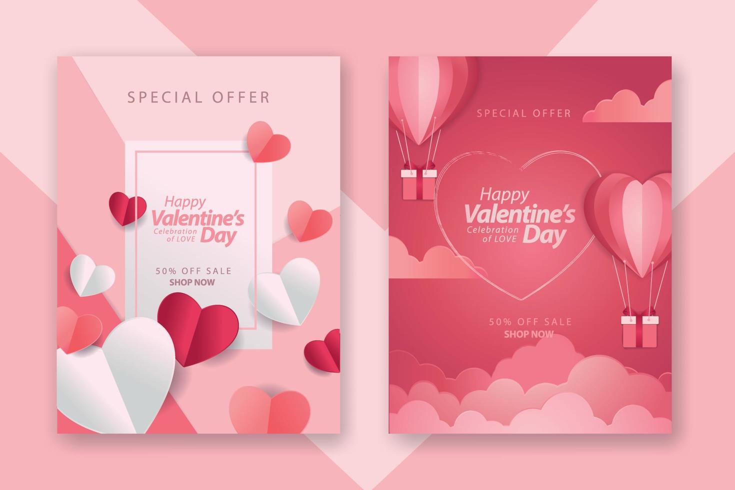 afiches conceptuales del día de san valentín con corazones de papel rojo 3d y rosa y marco sobre fondo geométrico. lindas pancartas de venta de amor o tarjetas de felicitación vector