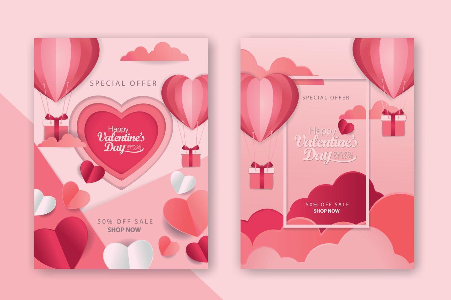 afiches conceptuales del día de san valentín con corazones de papel rojo 3d y rosa y marco sobre fondo geométrico. lindas pancartas de venta de amor o tarjetas de felicitación vector