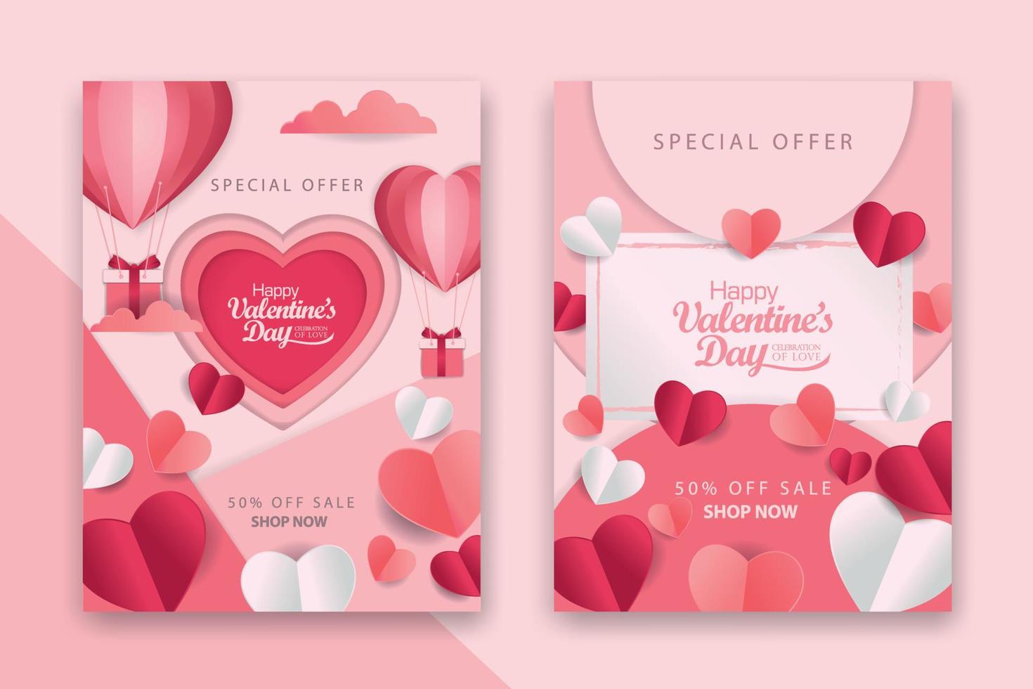 afiches conceptuales del día de san valentín con corazones de papel rojo 3d y rosa y marco sobre fondo geométrico. lindas pancartas de venta de amor o tarjetas de felicitación vector