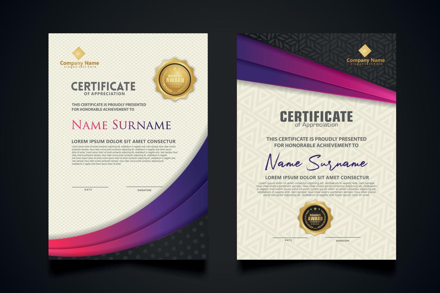 certificate template with Luxury realistic texture pattern and dynamic shapes composition gradient colors,diploma,Vector illustration vector