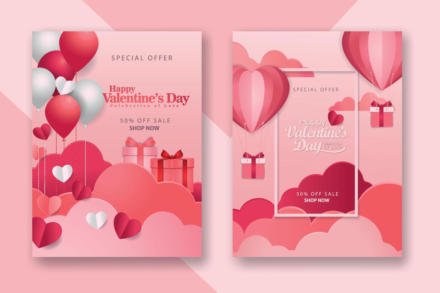 Valentine's day concept posters set with red 3d and pink paper hearts and frame on geometric background. Cute love sale banners or greeting cards vector