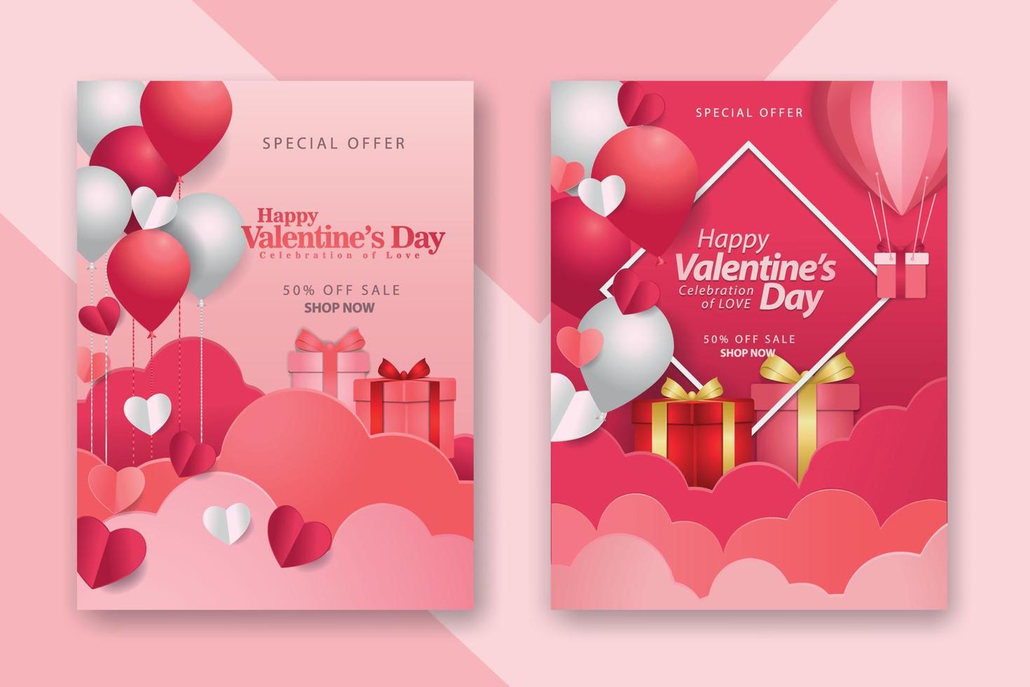 Valentine's day concept posters set with red 3d and pink paper hearts and frame on geometric background. Cute love sale banners or greeting cards vector