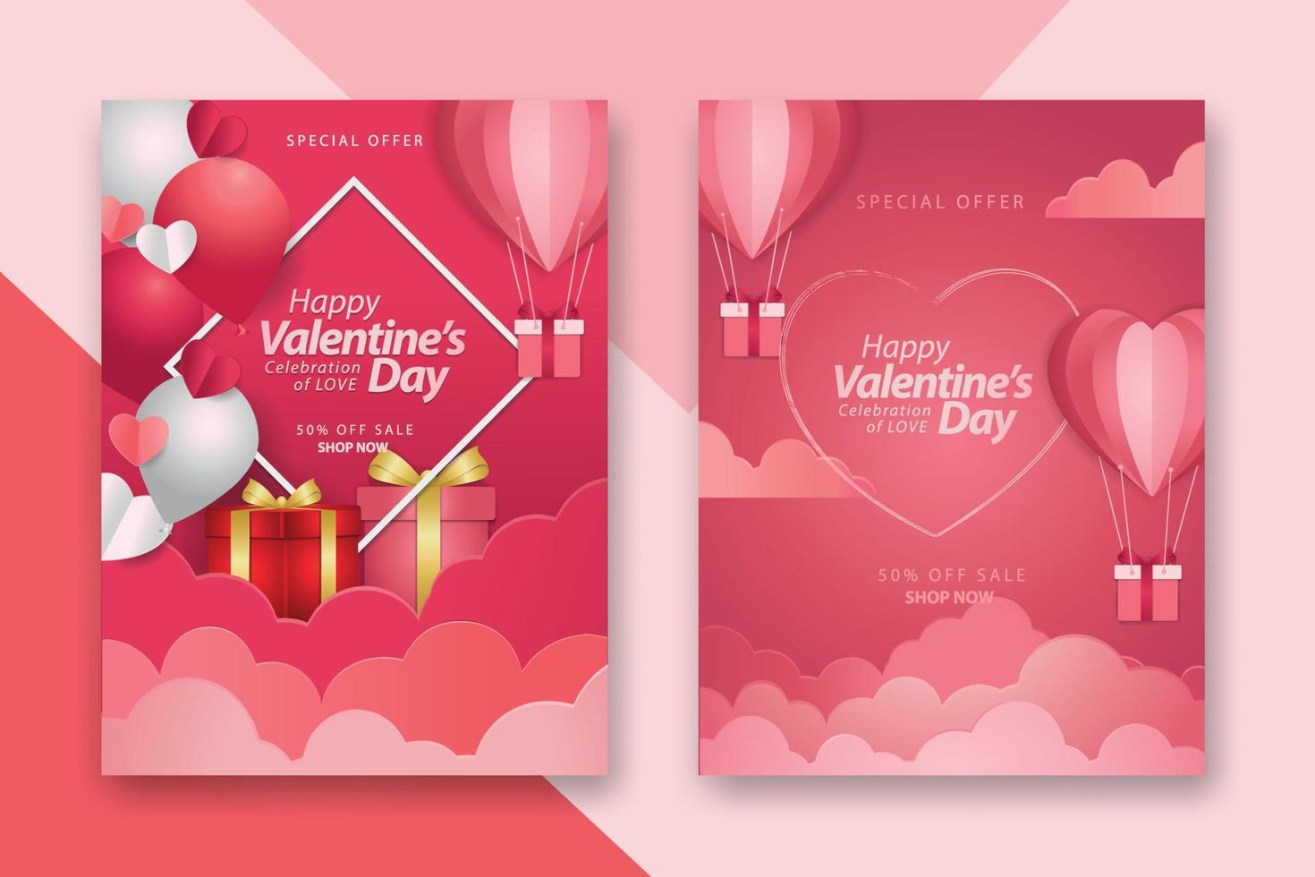 Valentine's day concept posters set with red 3d and pink paper hearts and frame on geometric background. Cute love sale banners or greeting cards vector