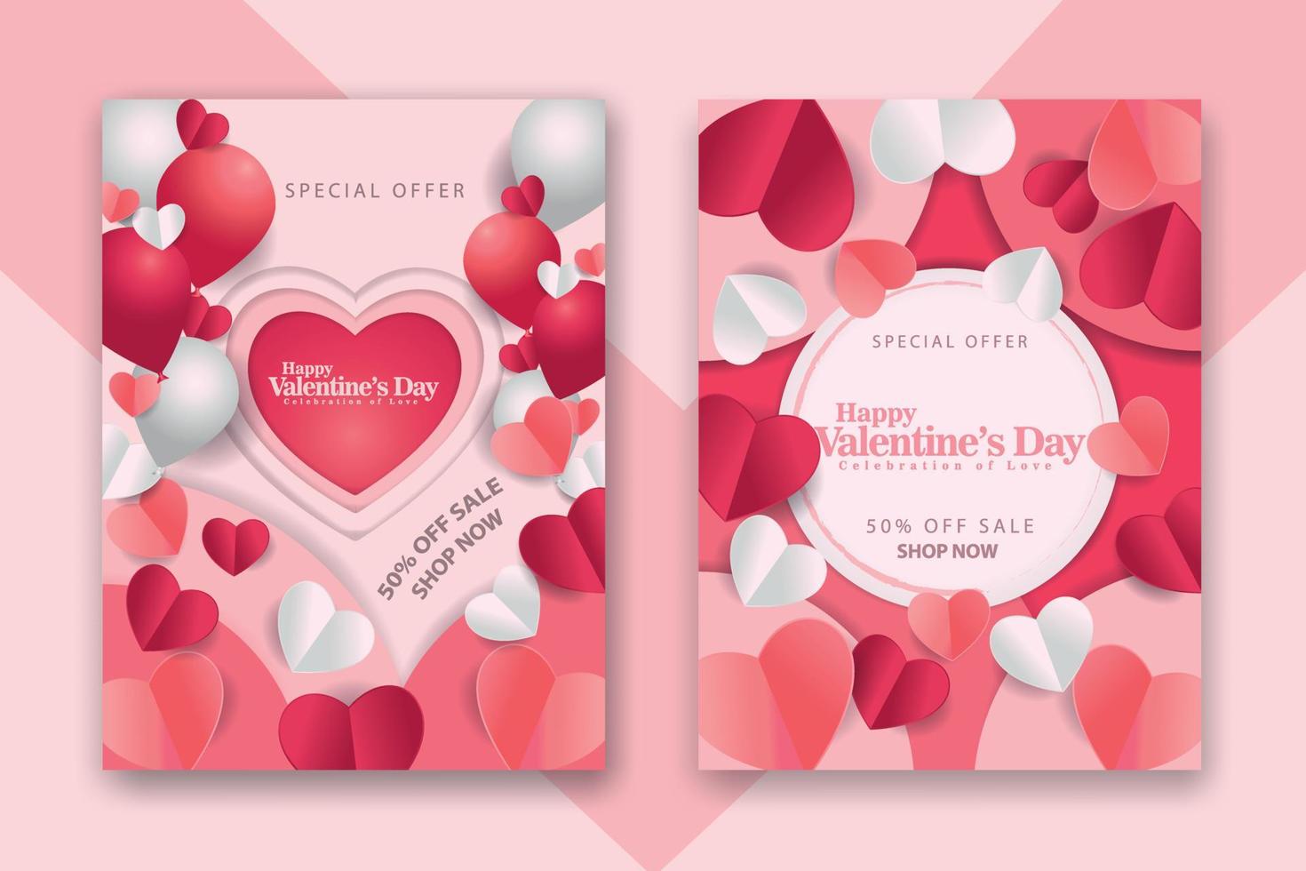 Valentine's day concept posters set with red 3d and pink paper hearts and frame on geometric background. Cute love sale banners or greeting cards vector