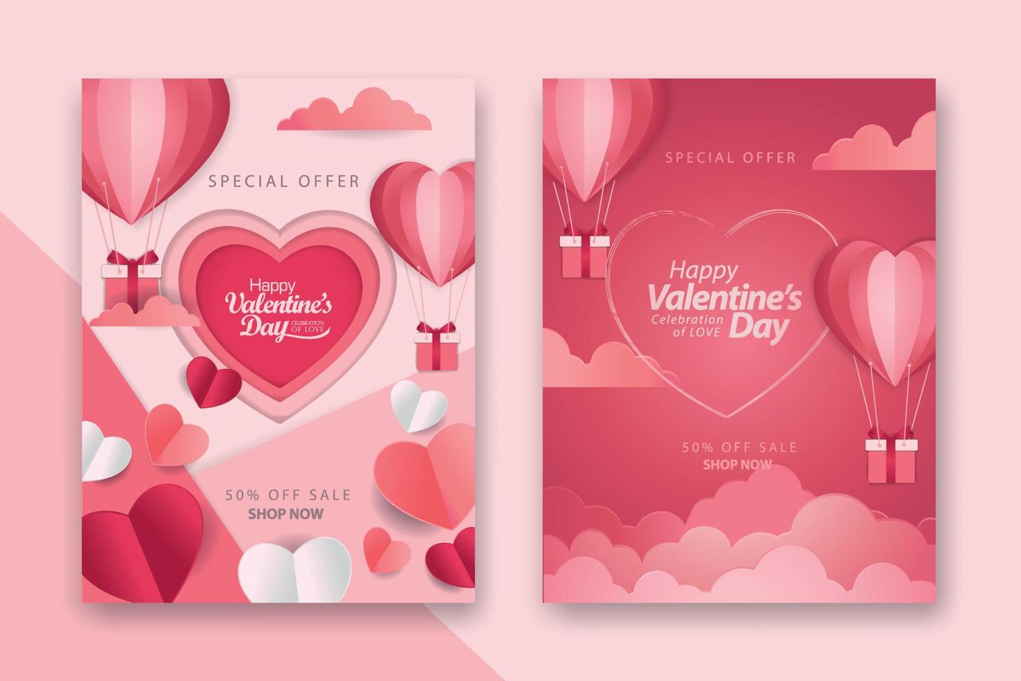 Valentine's day concept posters set with red 3d and pink paper hearts and frame on geometric background. Cute love sale banners or greeting cards vector