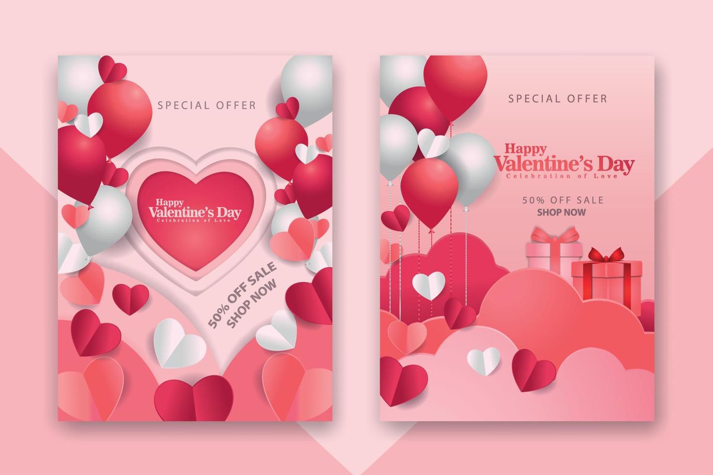 afiches conceptuales del día de san valentín con corazones de papel rojo 3d y rosa y marco sobre fondo geométrico. lindas pancartas de venta de amor o tarjetas de felicitación vector