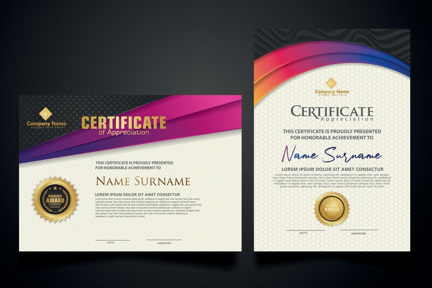 certificate template with Luxury realistic texture pattern and dynamic shapes composition gradient colors,diploma,Vector illustration vector