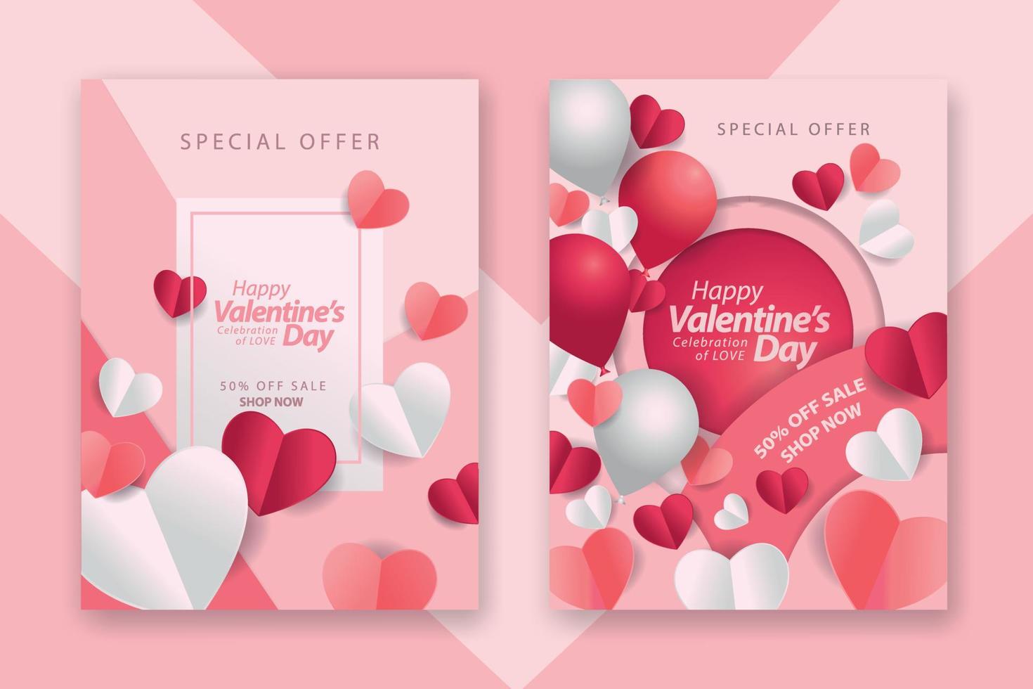 afiches conceptuales del día de san valentín con corazones de papel rojo 3d y rosa y marco sobre fondo geométrico. lindas pancartas de venta de amor o tarjetas de felicitación vector