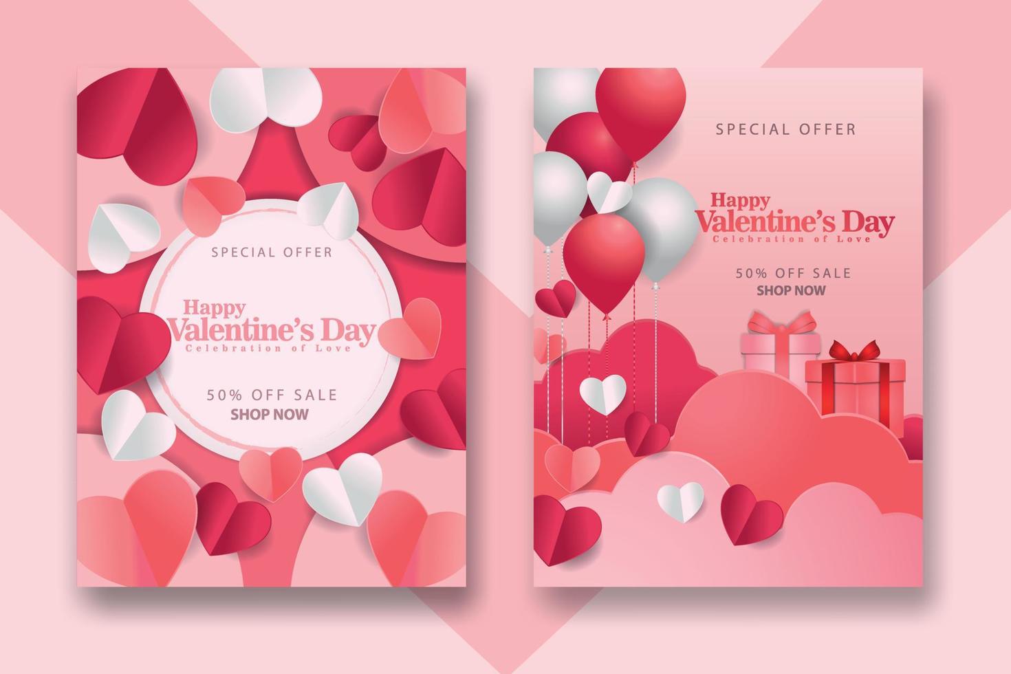 afiches conceptuales del día de san valentín con corazones de papel rojo 3d y rosa y marco sobre fondo geométrico. lindas pancartas de venta de amor o tarjetas de felicitación vector