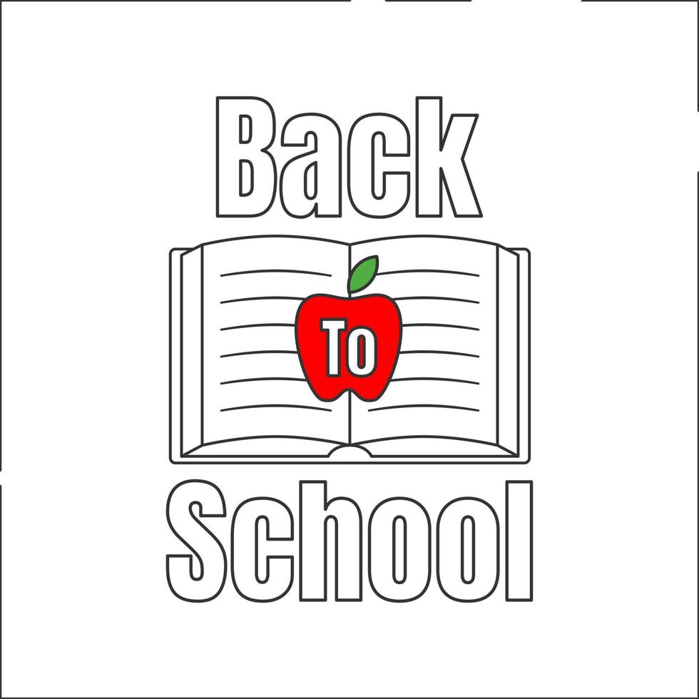 vector illustration. Text back to school. Text on book and apple