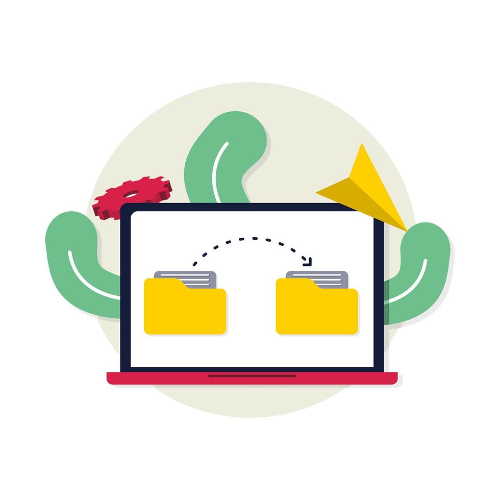 Folder with files. File transfer concept. Yellow folder with document on monitor vector