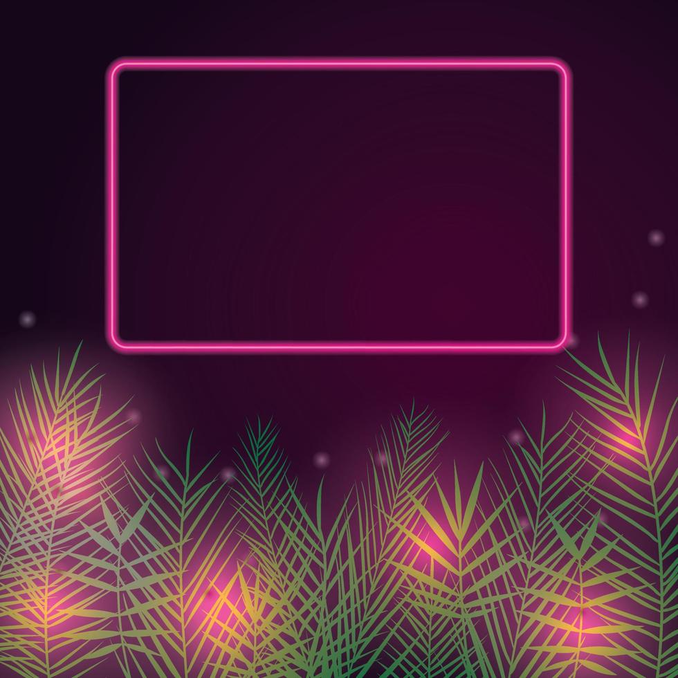 Palm leaves with neon pink frame summer party background vector