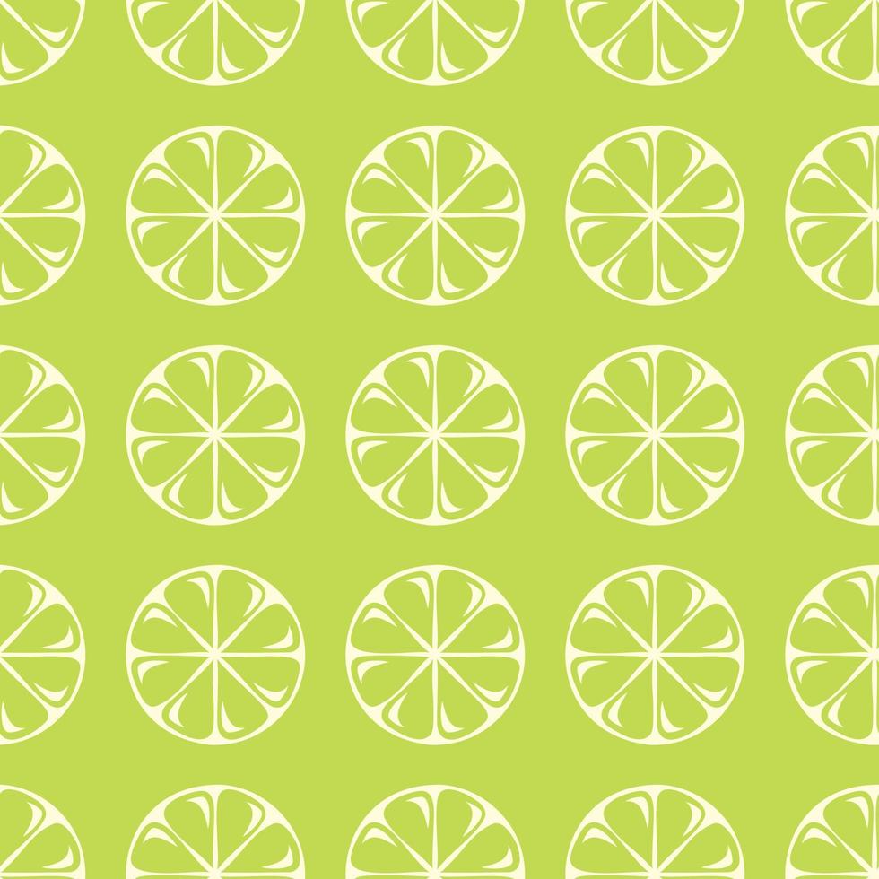 Vector cute seamless pattern. White outline of a lemon slice on a green background. Cute pattern for packaging, paper, design. Modern Linear Art