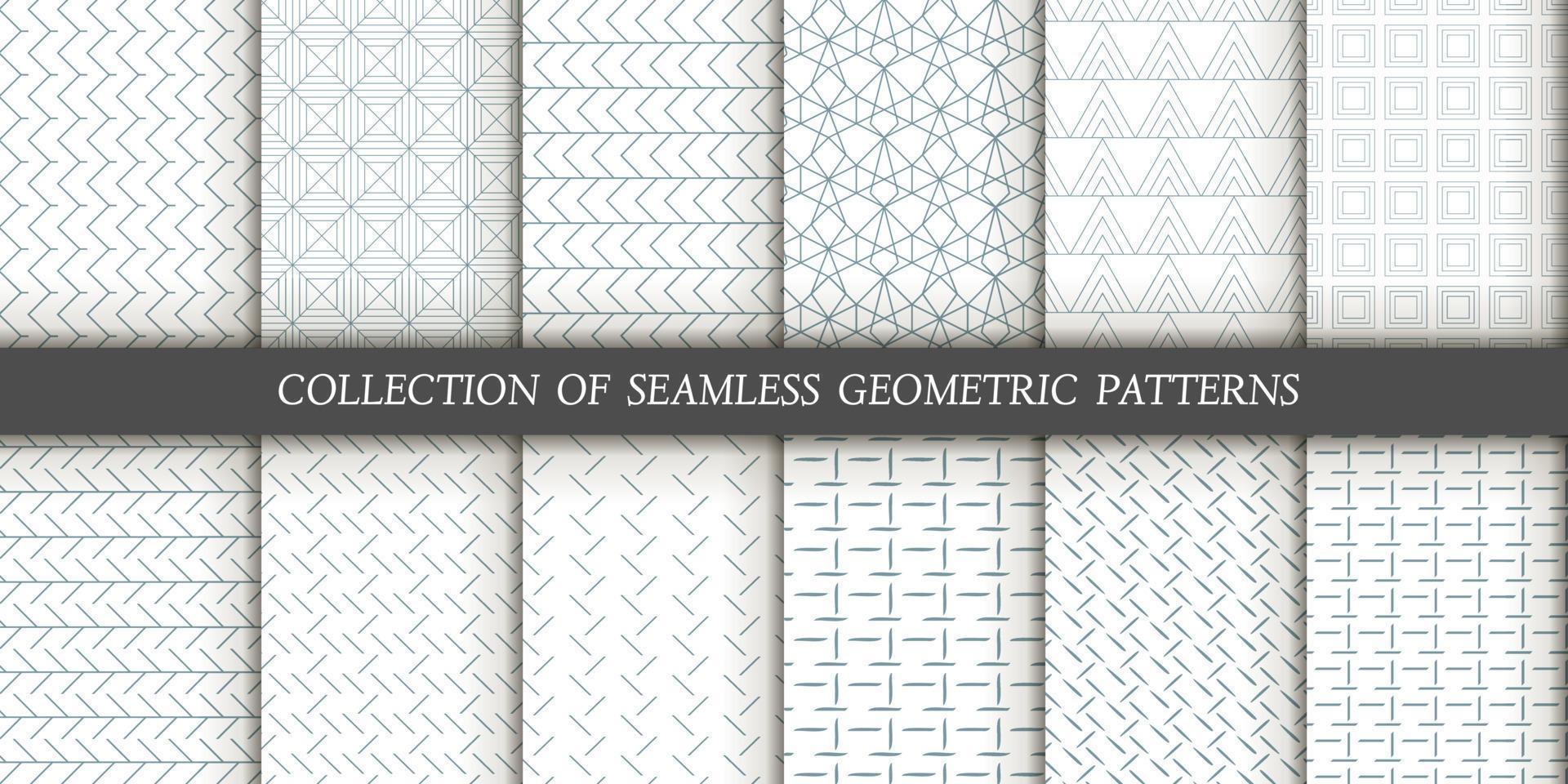 Set of 12 vector seamless patterns. Geometrical gold patterns on a white background
