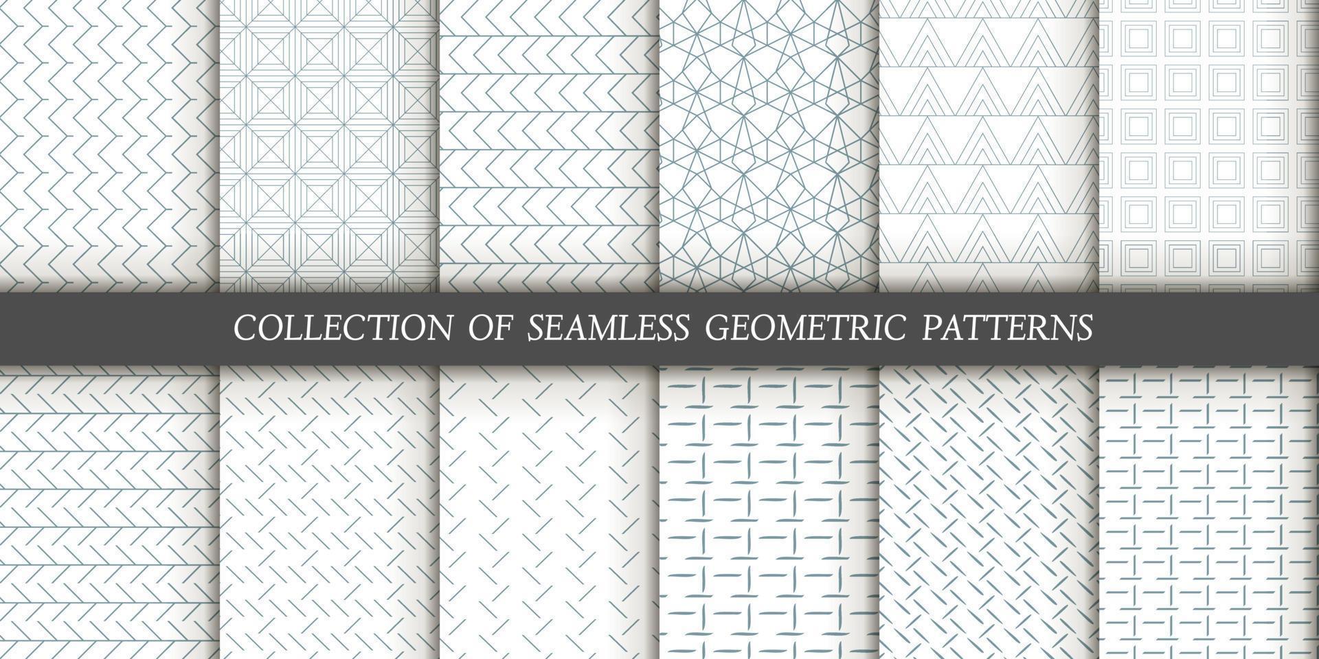 Set of 12 vector seamless patterns. Geometrical gold patterns on a white background