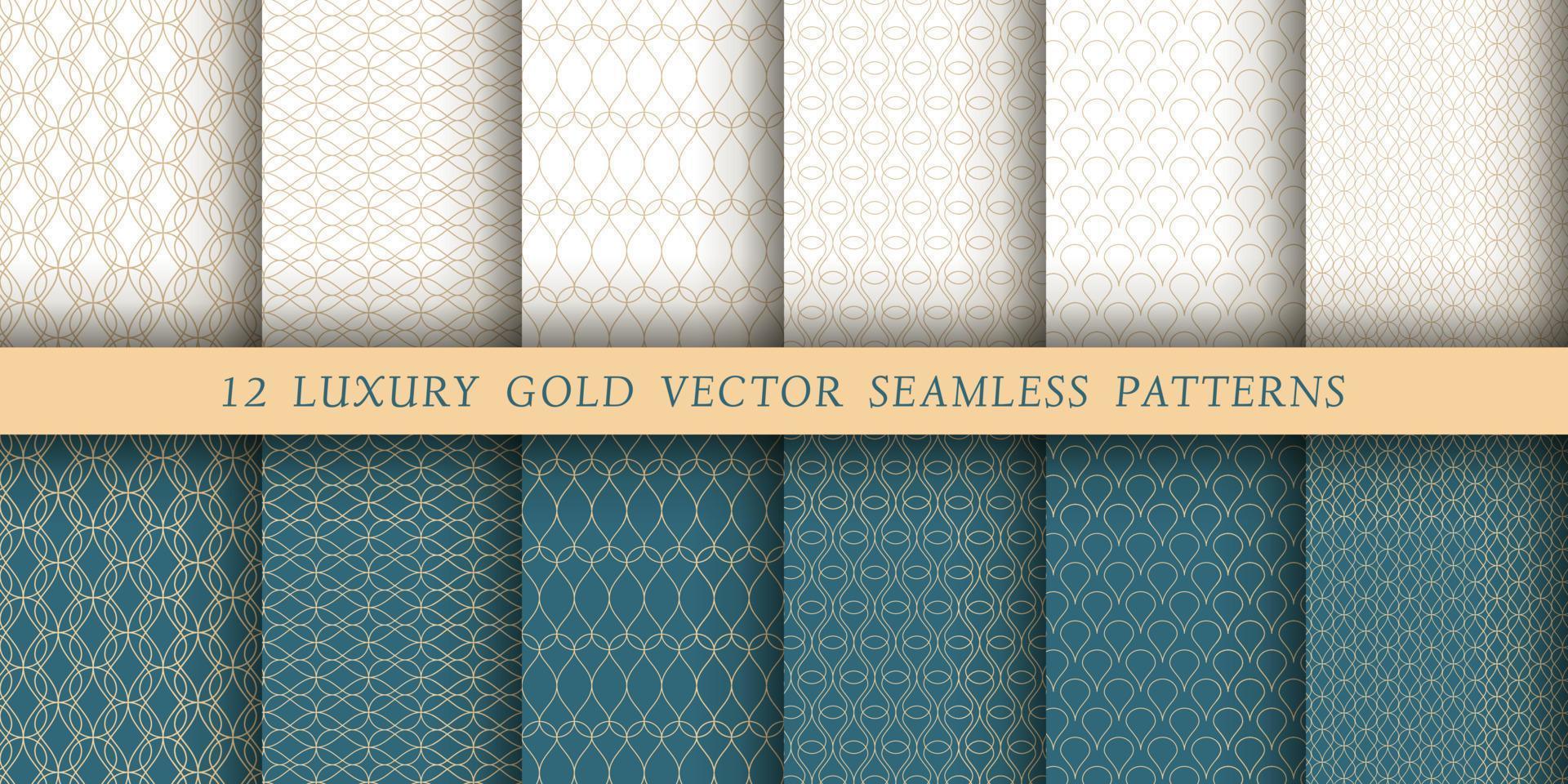 Set of 12 luxurious vector seamless patterns. Geometrical patterns on a white and emerald background. Modern illustrations for wallpapers, flyers, covers, banners, minimalistic ornaments, background