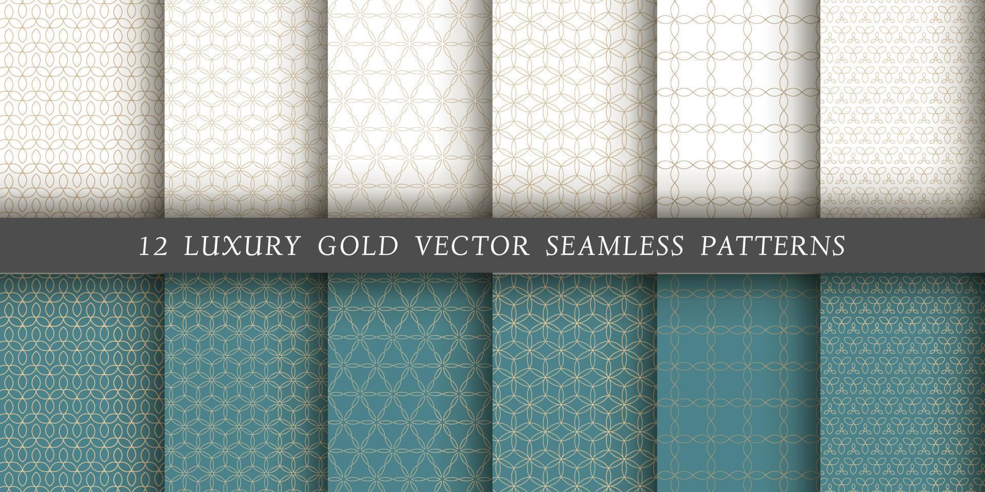 Set of 12 vector seamless patterns. Gold floral patterns on a white and emerald background.