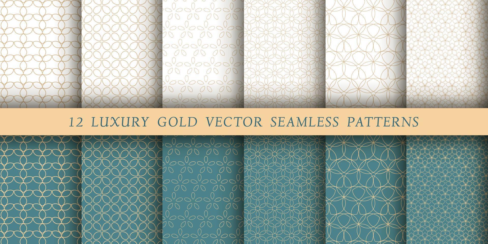 Set of 12 luxurious vector seamless patterns. Geometrical patterns on a white and emerald background. Modern illustrations for wallpapers, flyers, covers, banners, minimalistic ornaments, backgrounds.