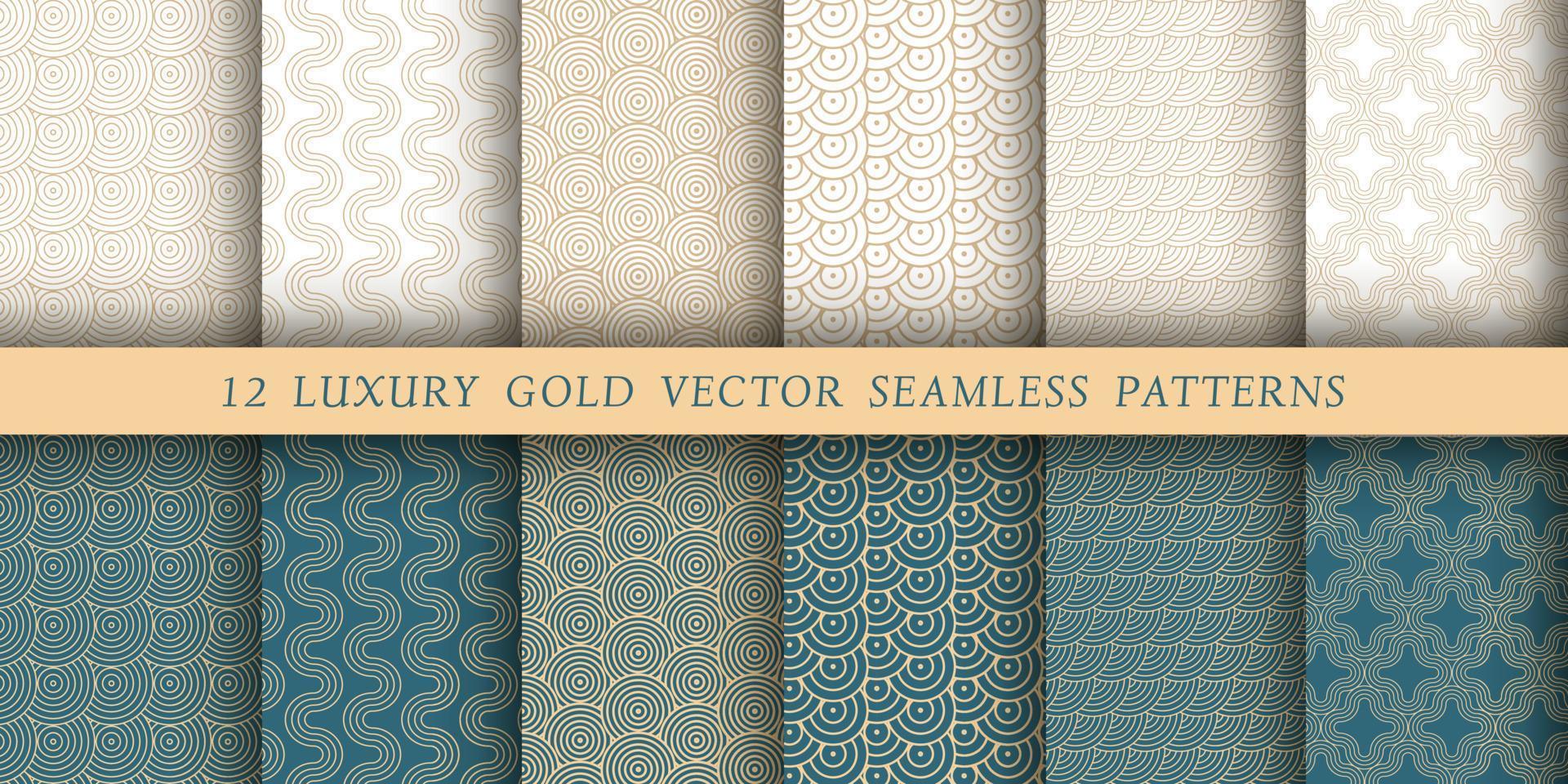 Set of 12 luxurious Japanese-style vector patterns. Geometrical patterns on a white and emerald background. Modern illustrations for wallpapers, flyers, covers, banners, minimalistic ornaments