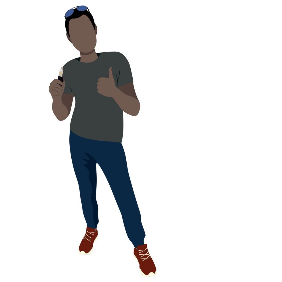 Faceless portrait of a black man in full growth with an electronic cigarette in his hand, a flat vector on a white background, a faceless illustration