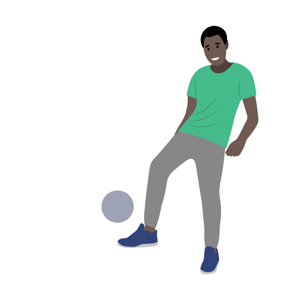 Black amateur man kicking the ball with his foot, vector isolated on white background, portrait of a guy with a soccer ball