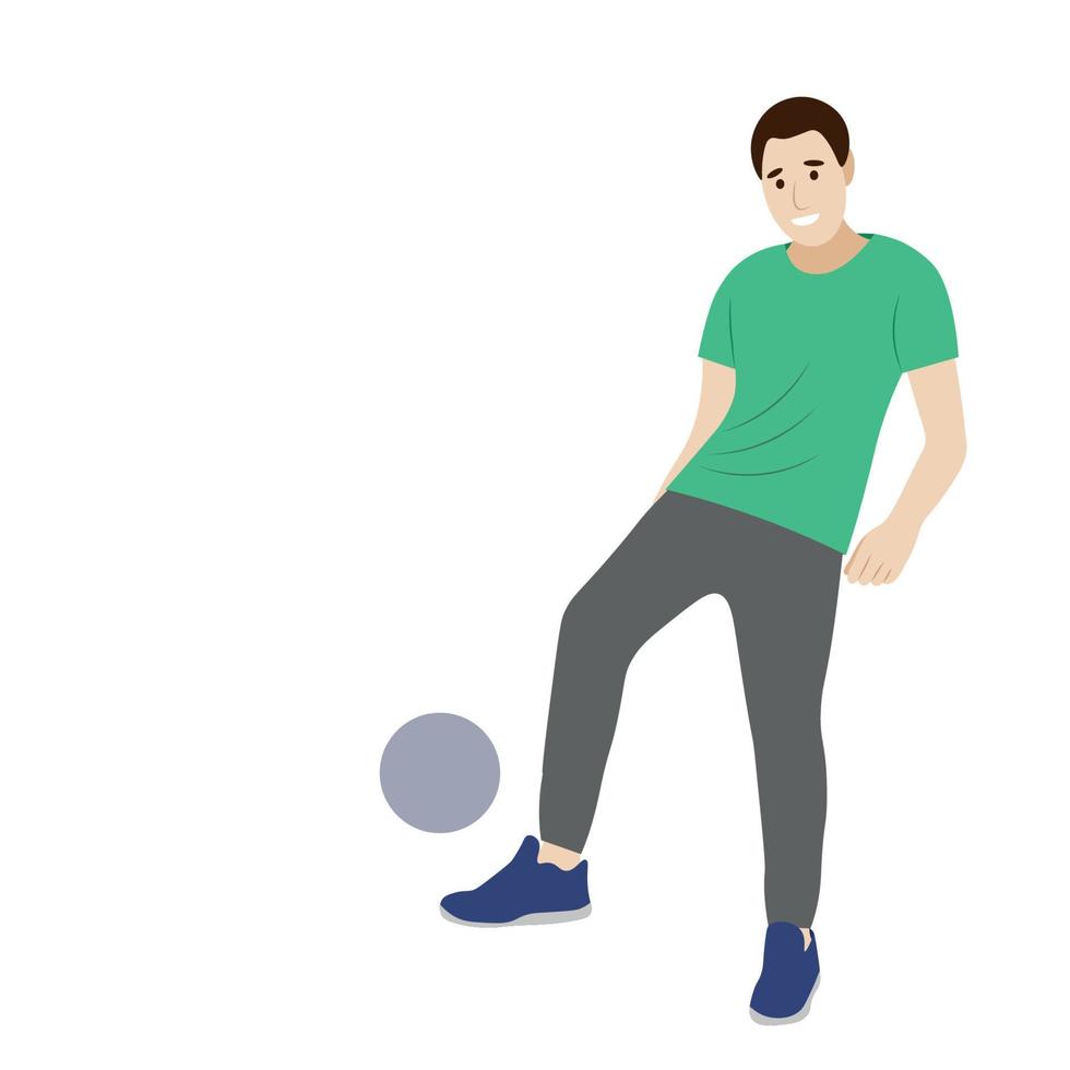 Amateur man kicking the ball with his foot, vector isolated on white background, portrait of a guy with a soccer ball