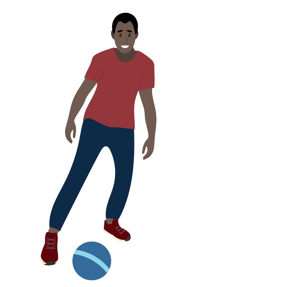 hombre aficionado negro jugando al fútbol, vector aislado en fondo blanco, retrato de un tipo con una pelota de fútbol