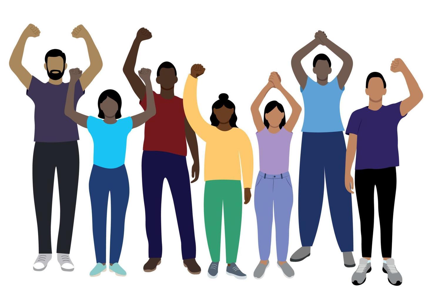 Set of dark-skinned girls and guys drawn in full length with arms raised above their heads, flat vector on white background, faceless illustration, young people protest