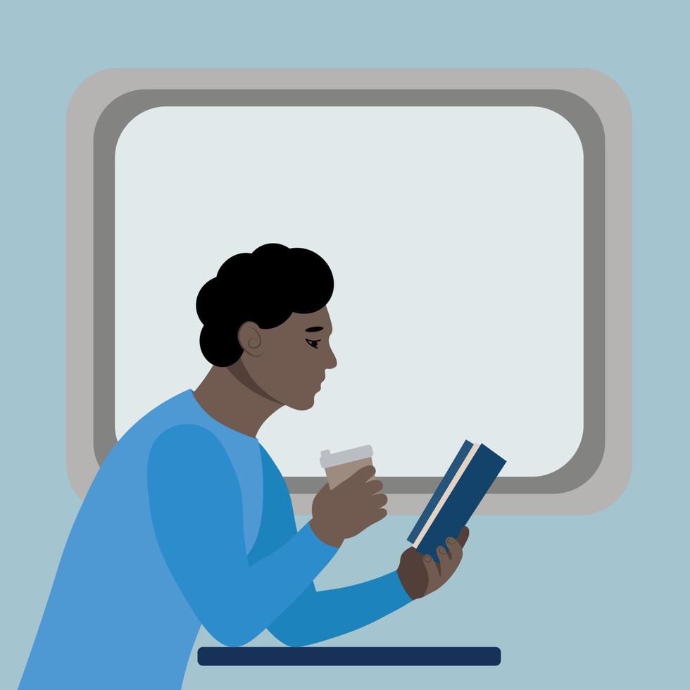 Black guy with a book in one hand and coffee in the other against the background of a train window, flat vector