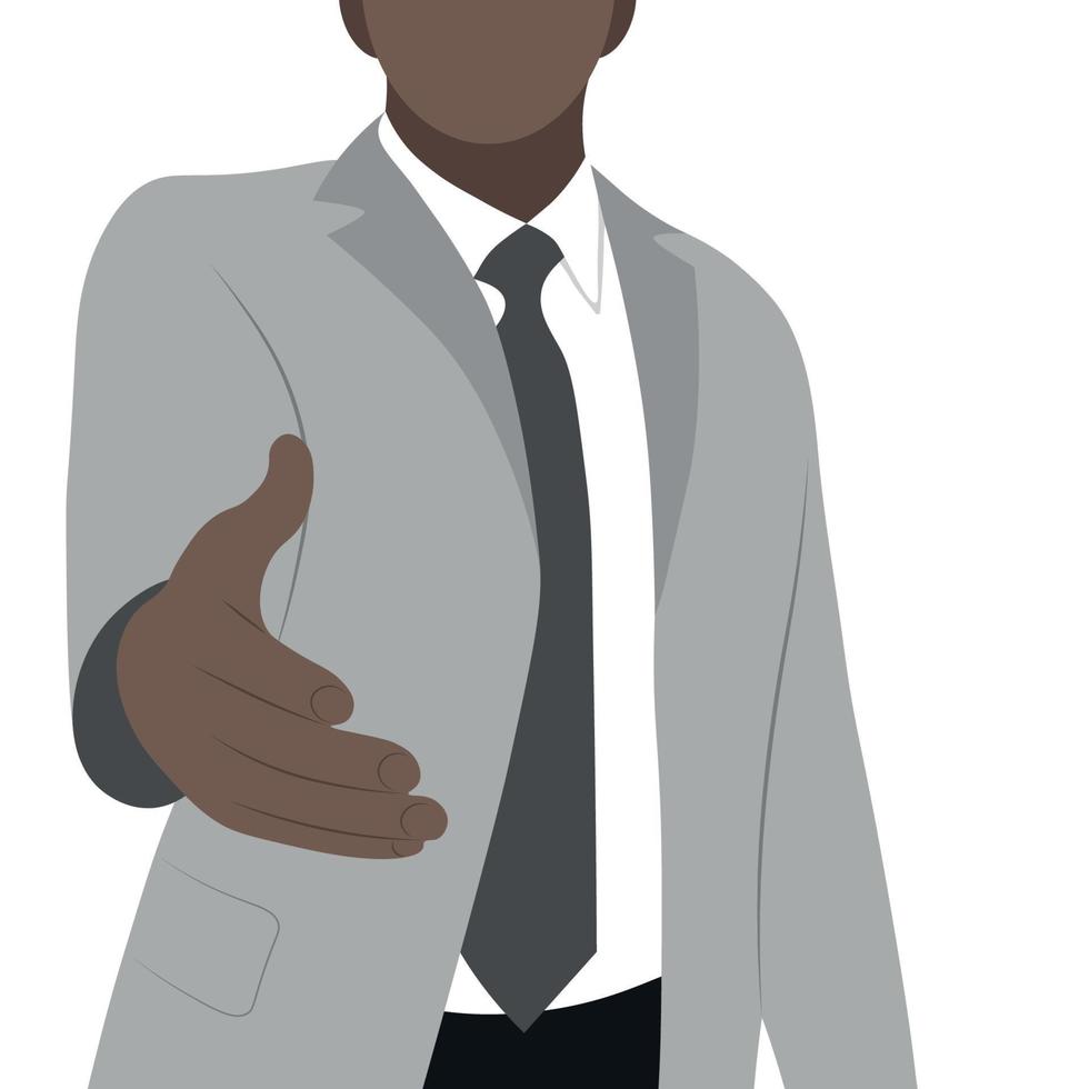 Portrait of a black guy in a business suit who extends his hand, flat vector, isolate on a white background, helping hand, faceless vector